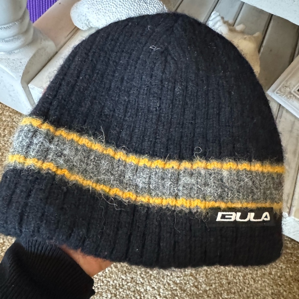 Black and Gray Kids/Young Boys Beanie with Yellow Stripes